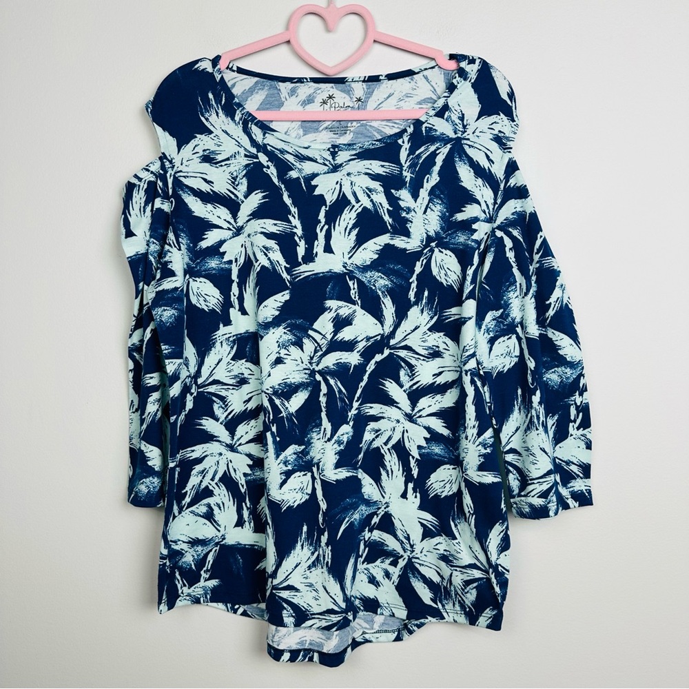 Stylish Navy and White Leaf Print Blouse Size Large